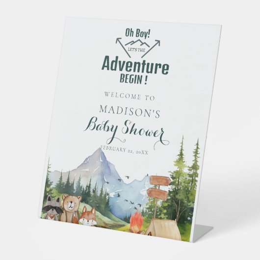 Rustic Woodland Adventure Baby shower Welkomstbord Reclamebord Met Voetstuk (Voorkant)