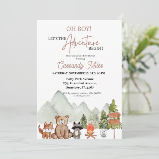 Rustic Woodland Animals Adventure Baby shower Invi Kaart (Staand voorkant)