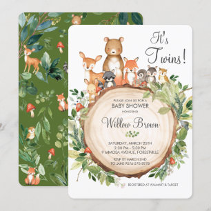 Rustic Woodland Animals Baby shower Twins Boy Girl Kaart