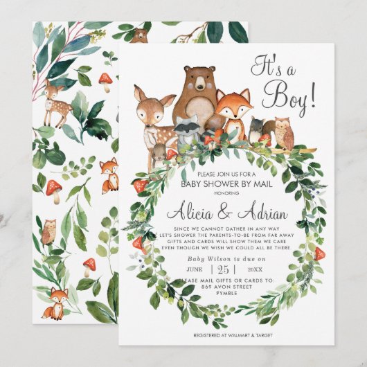 Rustic Woodland Animals Baby shower van Mail Boy Kaart (Voorkant / Achterkant)