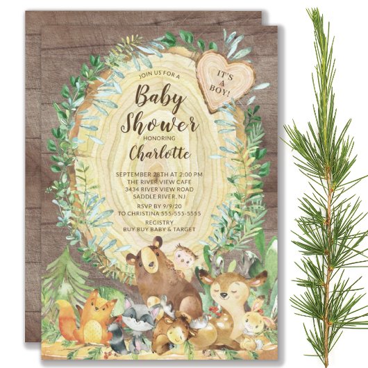 Rustic Woodland Animals Boys Baby shower Kaart
