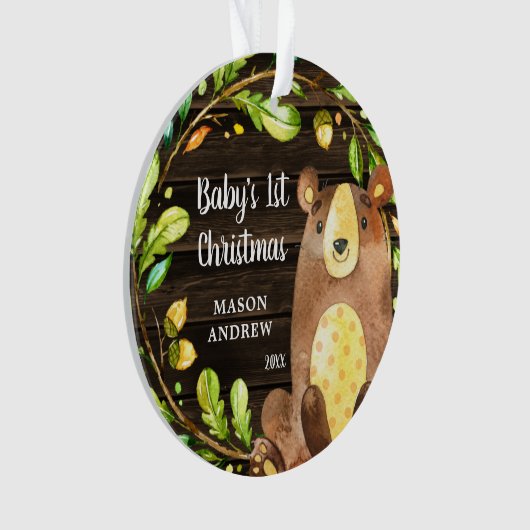 Rustic Woodland Beer Baby's Eerste Kerstmis Ornament (voorkant)