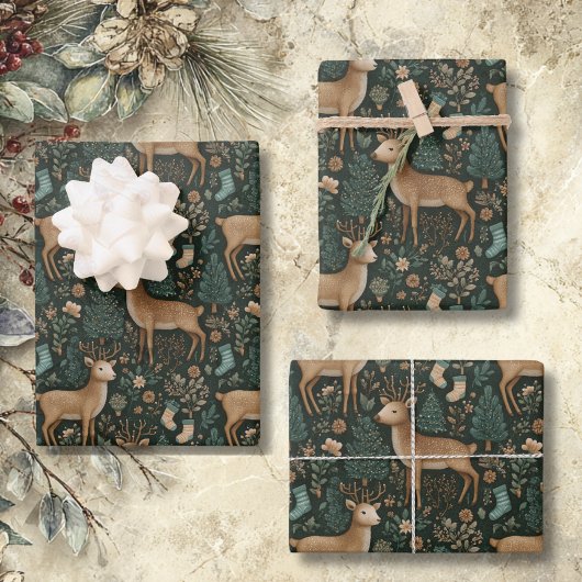 Rustic Woodland Deer & Christmas Pine Tree  Inpakpapier Vel