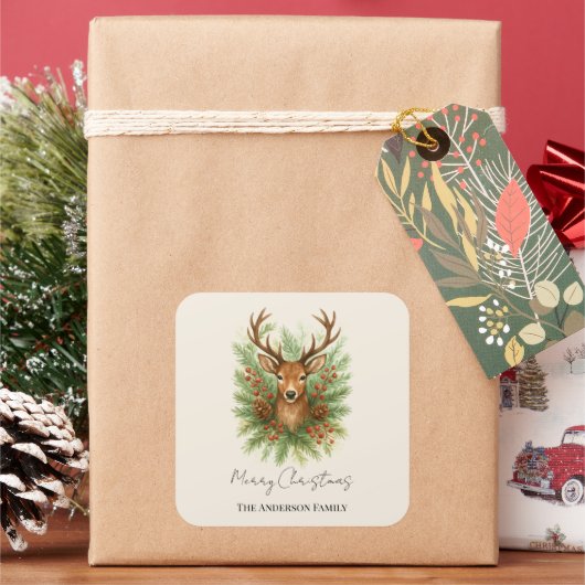 Rustic Woodland Deer Head with Winter Foliage -  Vierkante Sticker (Feestdagen)