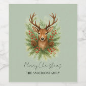 Rustic Woodland Deer Head with Winter Foliage - Wijn Etiket (Enkel label)