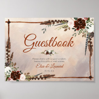 Rustic Woodland Feathers en Floral Bloom Poster