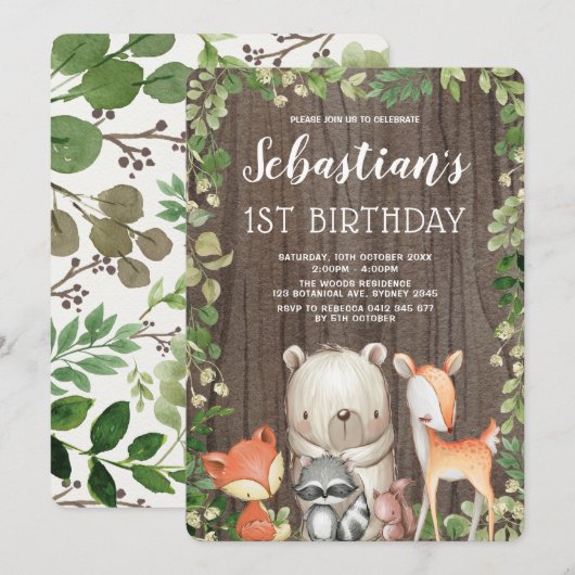 Rustic Woodland Forest Animals 1st Birthday Kaart (Voorkant / Achterkant)