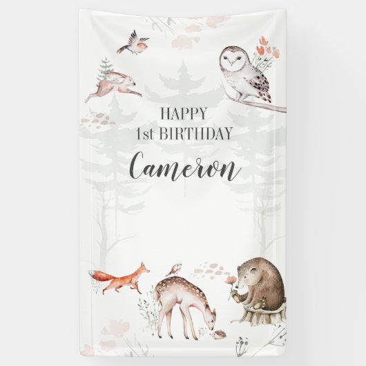 Rustic Woodland Forest Animals 1st Birthday Spandoek (Verticaal)