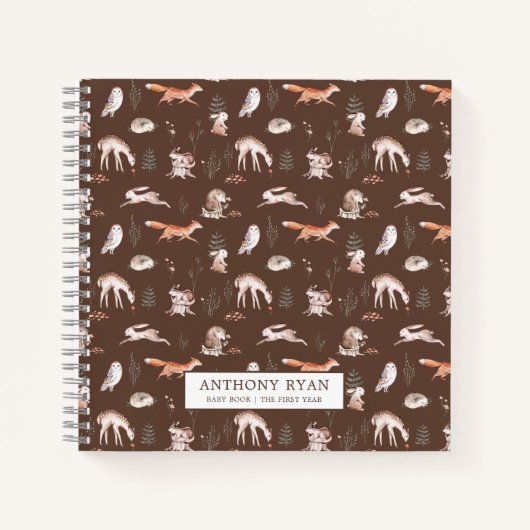 Rustic Woodland Forest Animals Baby's eerste jaar Notitieboek (Voorkant)