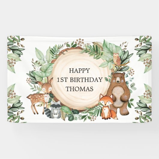 Rustic Woodland Greenery Animals Happy Birthday Spandoek (Horizontaal)