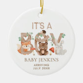 Rustic Woodland Kerstmis Baby Boy Aankondiging Keramisch Ornament (Voorkant)