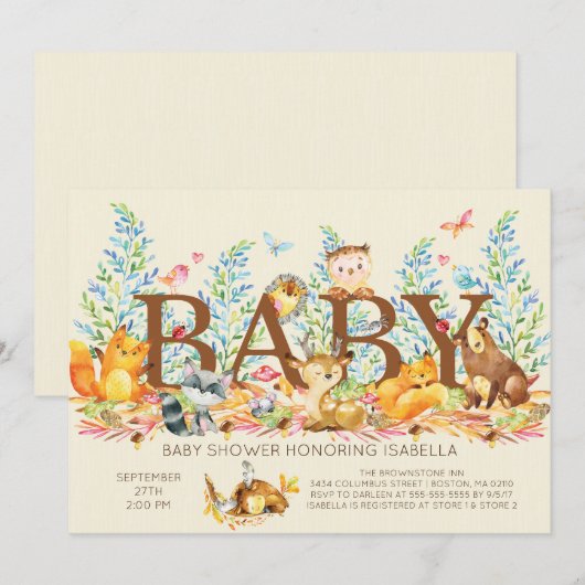 Rustic Woodland Neutral Baby shower Invitation Kaart (Voorkant / Achterkant)