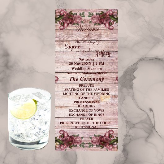Rustic Woodland Rozen Floral country Wedding Programma