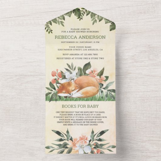  Rustic Woodland Slaapend Fox Baby shower All In One Uitnodiging (Binnen)