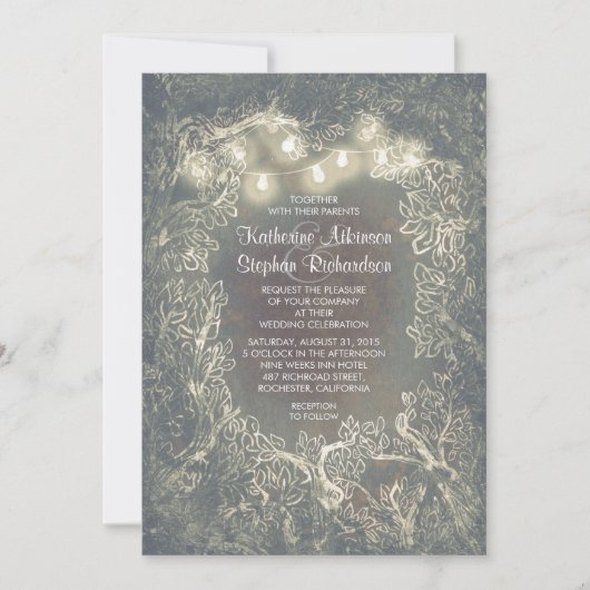 Rustic Woodland String Lights Wedding Invites Kaart (Voorkant)