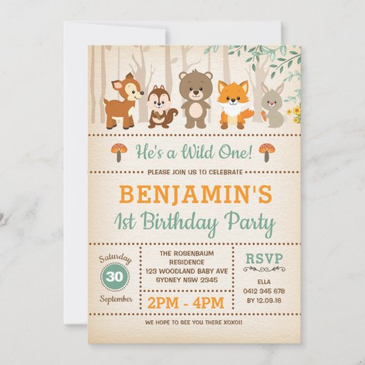 Rustic Woodland Wild One Forest Animals Birthday Kaart (Voorkant)