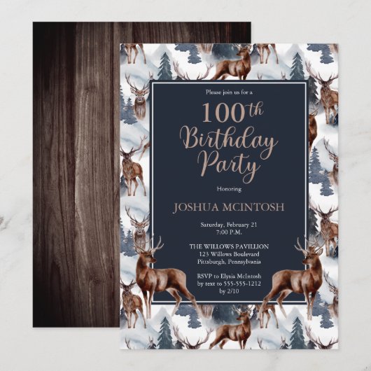 Rustic Woodsy Deer | Forest 100th Birthday Party Kaart (Voorkant / Achterkant)