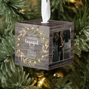 Rustic Woodsy Ons eerste kerstcadeautje 3 Foto Kubus Ornament