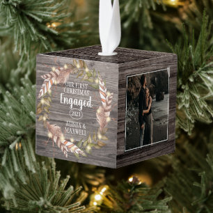 Rustic Woodsy Ons eerste kerstcadeautje 3 Foto Kubus Ornament