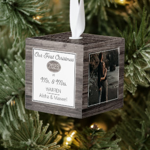 Rustic Woodsy Our First Kerstman Mr  Mrs. 3 Foto Kubus Ornament