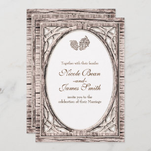Rustic Woodsy Pine Cone White Wood Invitations Kaart