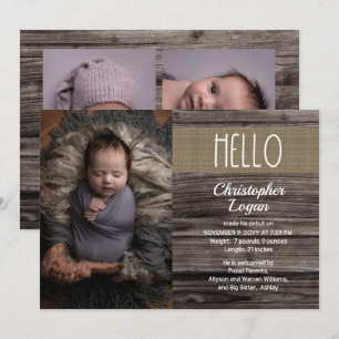 Rustic Woodsy Wood Burlap Baby Boy Foto geboorte Aankondiging