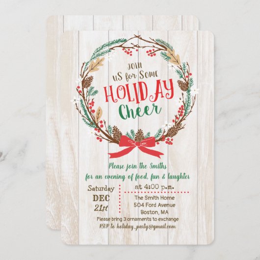 Rustic Wreath Fête de Noël Invitation (Devant / Derrière)
