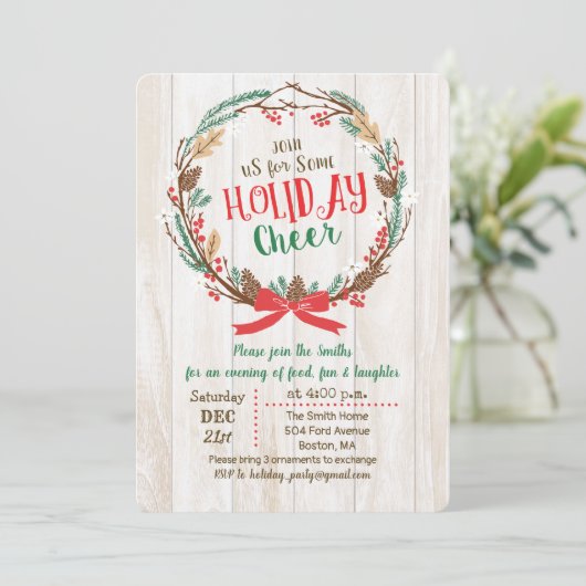 Rustic Wreath Fête de Noël Invitation (Debout devant)