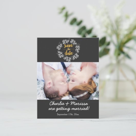 Rustic Wreath Leaf bewaart het DATUM Foto Briefkaa Aankondigingskaart (Staand voorkant)