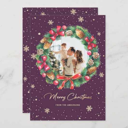 Rustic Wreath Paars Gold Photo met Kerstmis Feestdagenkaart (Voorkant / Achterkant)