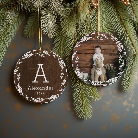 Rustic Wreath Photo and Monogram Keepomwille Keramisch Ornament