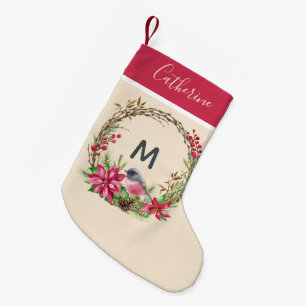 Rustic Wreath Poinsetta Bird Berries Monogram Kleine Kerstsok