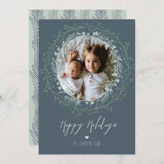 Rustic Wreath & Script Elegant Holiday Foto Feestdagenkaart (Voorkant / Achterkant)