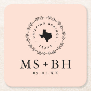 Rustic Wreath Texas Wedding Monogram   Blush Vierkante Kartonnen Onderzetter
