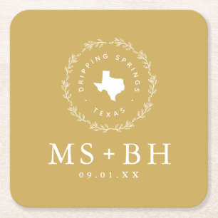 Rustic Wreath Texas Wedding Monogram Mosterd Vierkante Kartonnen Onderzetter