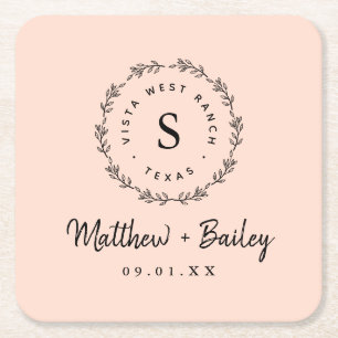 Rustic Wreath Wedding Monogram   Blush Vierkante Kartonnen Onderzetter