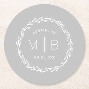 Rustic Wreath Wedding Monogram   Grijs Ronde Kartonnen Onderzetter