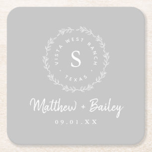 Rustic Wreath Wedding Monogram   Grijs Vierkante Kartonnen Onderzetter
