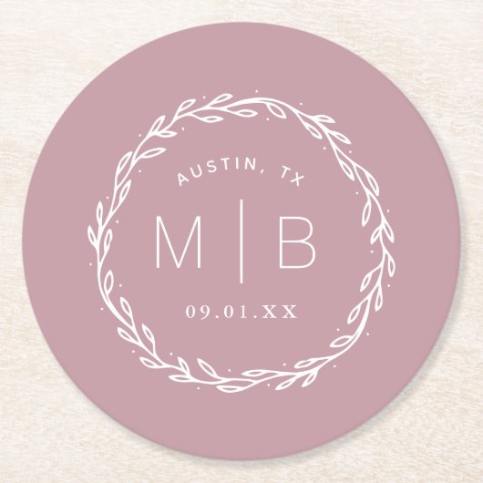 Rustic Wreath Wedding Monogram | Mauve Ronde Kartonnen Onderzetter (Voorkant)