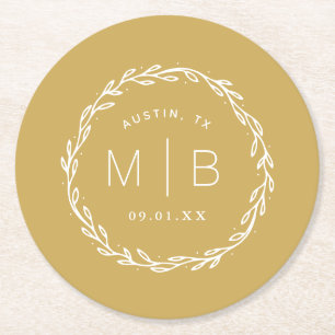 Rustic Wreath Wedding Monogram   Mustard Yellow Ronde Kartonnen Onderzetter
