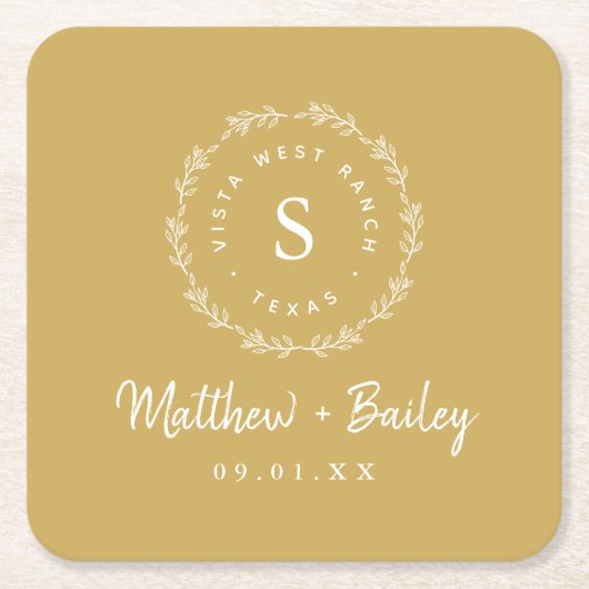 Rustic Wreath Wedding Monogram | Mustard Yellow Vierkante Kartonnen Onderzetter (Voorkant)