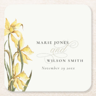 Rustic Yellow Daffodil Floral Waterverf Wedding Vierkante Kartonnen Onderzetter