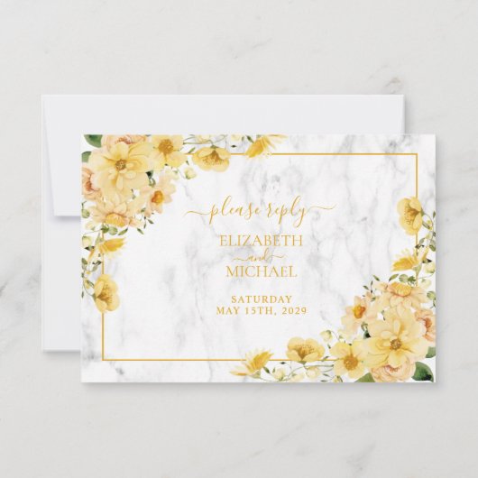 Rustic Yellow Floral Marble QR Code Wedding RSVP (Dos)