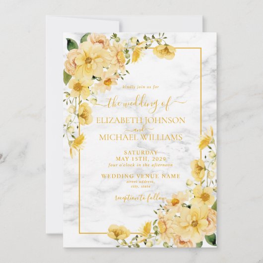 Rustic Yellow Floral Marble Script Wedding Kaart (Voorkant)