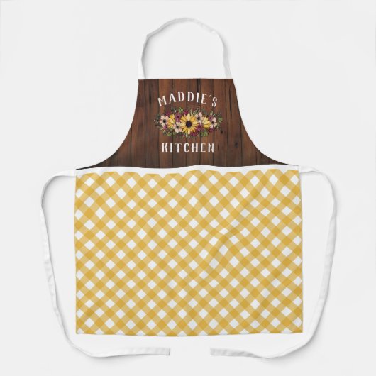 Rustic Yellow Gingham Floral Bouquet Naam toevoege Schort (Voorkant)