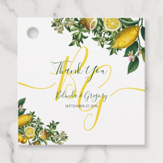 Rustic Yellow Lemon & Foliage Greenery Wedding Bedankjes Labels (Voorkant)
