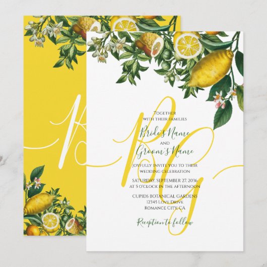 Rustic Yellow Lemon & Foliage Greenery Wedding Kaart (Voorkant / Achterkant)
