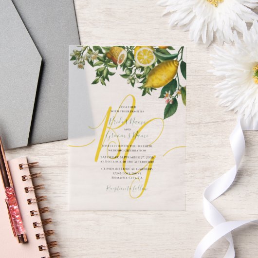 Rustic Yellow Lemon & Foliage Greenery Wedding Vellum Uitnodigingen (Huwelijk)
