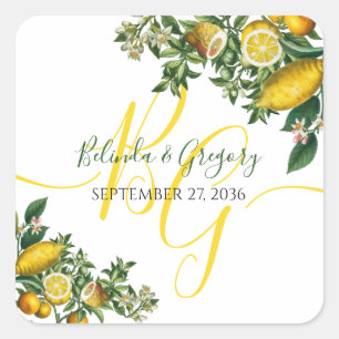 Rustic Yellow Lemon & Foliage Greenery Wedding Vierkante Sticker