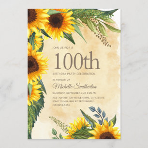 Rustic Yellow Sunflower 100th Birthday Kaart
